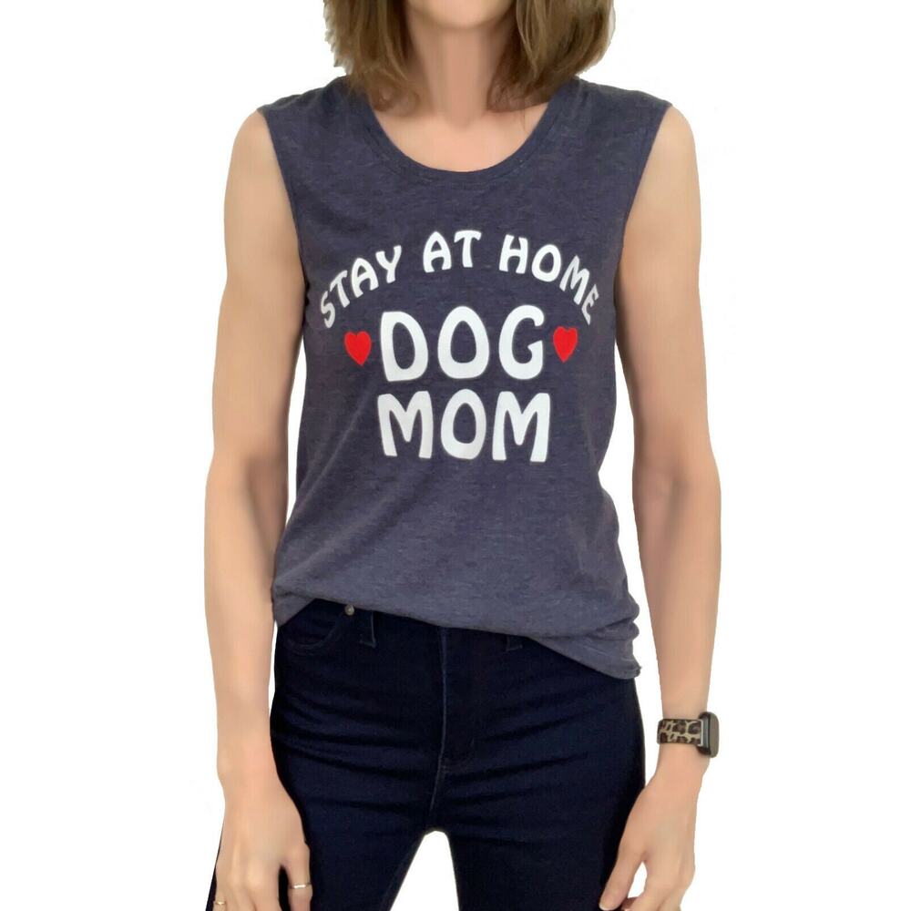 Chaser Stay At Home Dog Mom Tee Sz XS New Sleeveless Jersey T-Shirt Top Blue
